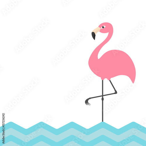 Pink flamingo. Blue sea ocean water zigzag wave. Exotic tropical bird. Zoo animal collection. Cute cartoon character. Decoration element. Flat design. White background. Isolated.