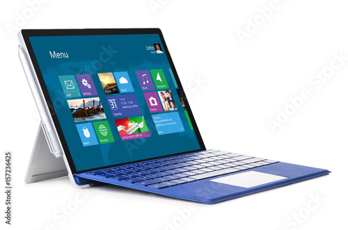 Convertible laptop computer that supports pen and have detachable keyboard with operating system interface isolated on white background