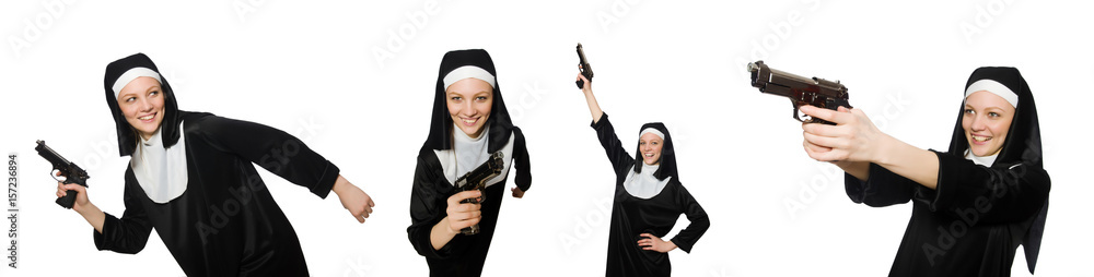 Nun with handgun isolated on white