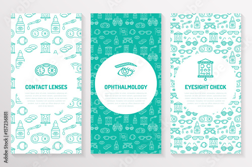 Ophthalmology, medical brochure template, flyer. Eye health care thin line icons contact lenses, eyesight check. Cute illustration for hospital poster. Vector trifold blue background.