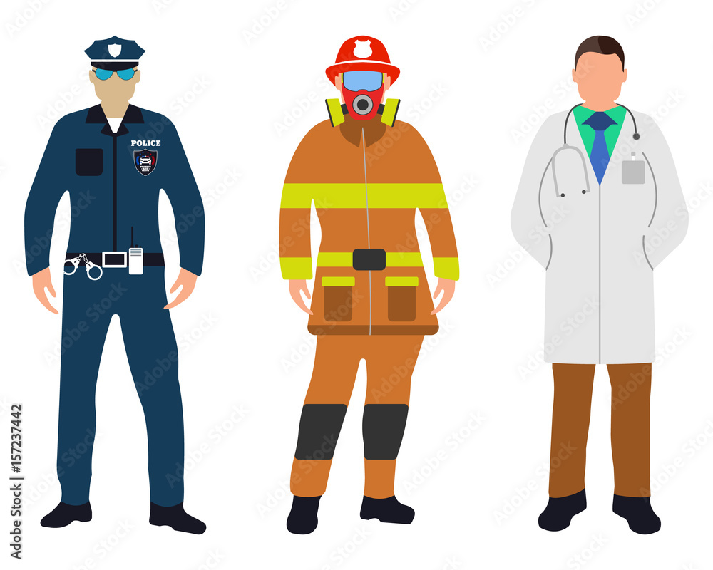 Set of Policeman, Doctor, Fireman flat icons. Service 911. Set of Policeman, Doctor, Fireman flat icons. Service 911.