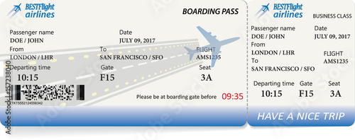 Boarding pass ticket in blue colors. Vector template