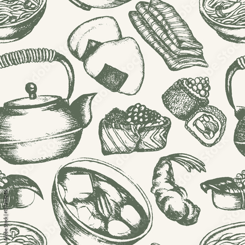 Japanese Food - vintage hand drawn seamless pattern