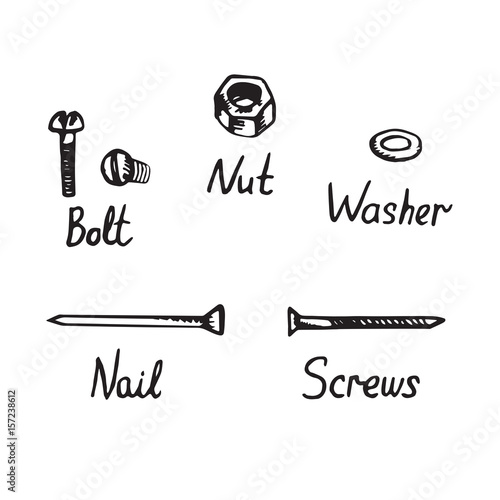 Bolt, nut, washer, nail and screw set, hand drawn doodle sketch in pop art style, vector illustration