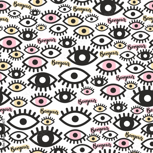 Naklejka Wzór. Oko i napis „Bonjour”. Zabawne tło.