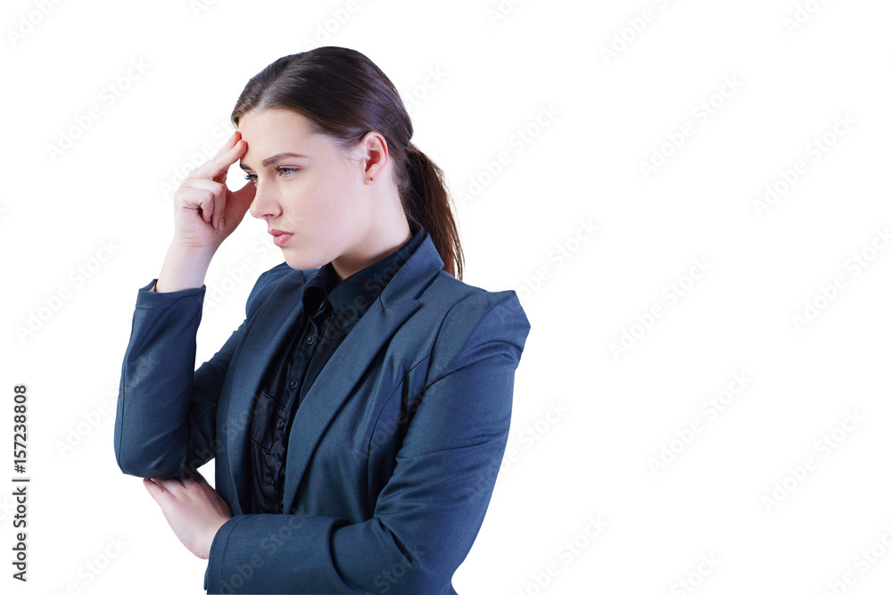 Portrait of a serious business woman thinking on isolated white background. Portrait of a serious business woman thinking on isolated white background.