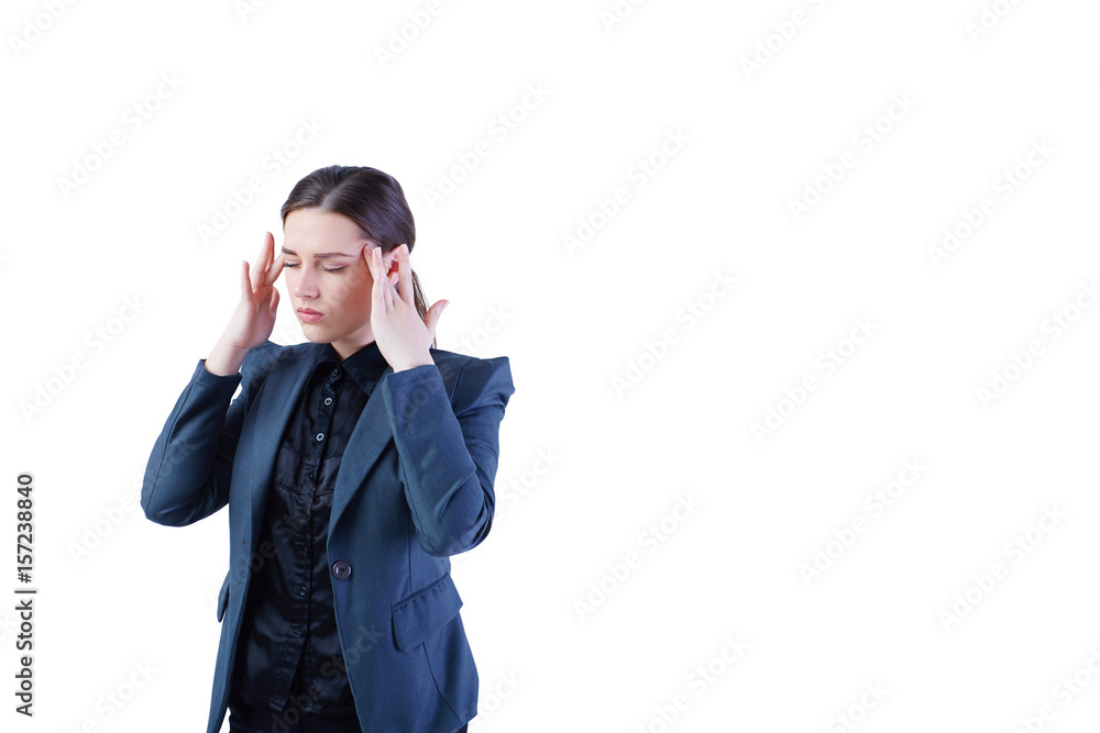 Beautiful business woman has a headache, high blood pressure or migraine; she holds her head and massages her temples, isolated on white background Beautiful business woman has a headache, high blood pressure or migraine; she holds her head and massages her temples, isolated on white background