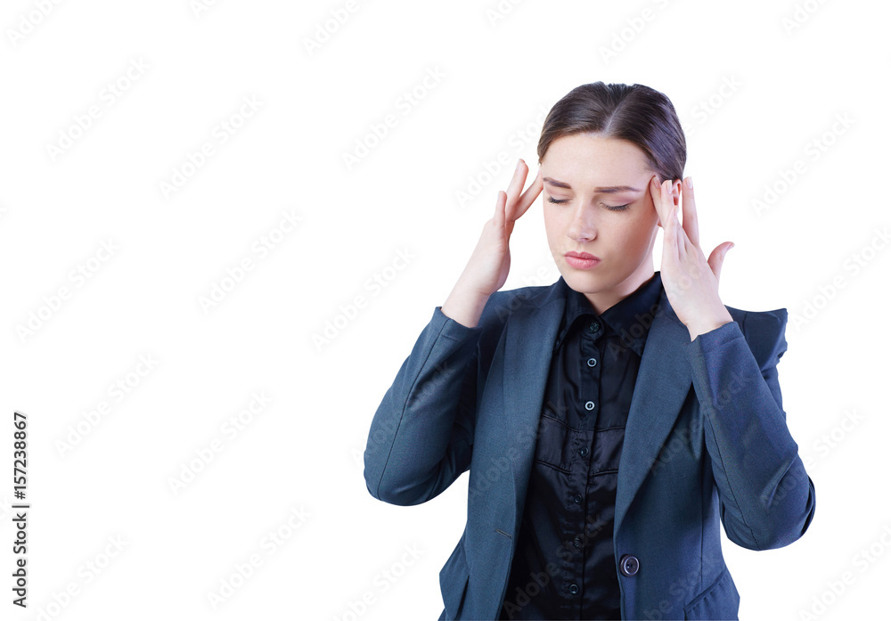 Beautiful business woman has a headache, high blood pressure or migraine; she holds her head and massages her temples, isolated on white background Beautiful business woman has a headache, high blood pressure or migraine; she holds her head and massages her temples, isolated on white background