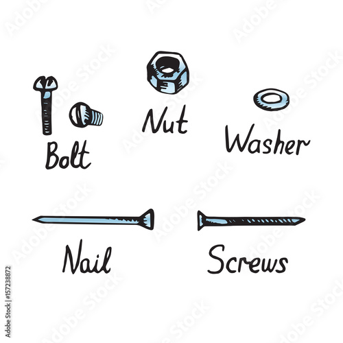 Bolt, nut, washer, nail and screw set, hand drawn doodle sketch in pop art style, vector color illustration