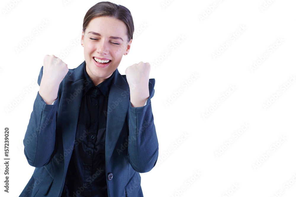 Successful businesswoman celebrates with her arms up in victory, isolated on white. Successful businesswoman celebrates with her arms up in victory, isolated on white.