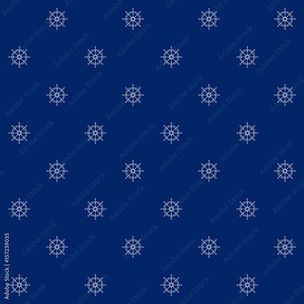 White Ship's Wheel on Blue Background , Seamless Sea Travel Pattern, Line Style Design, Vector Illustration