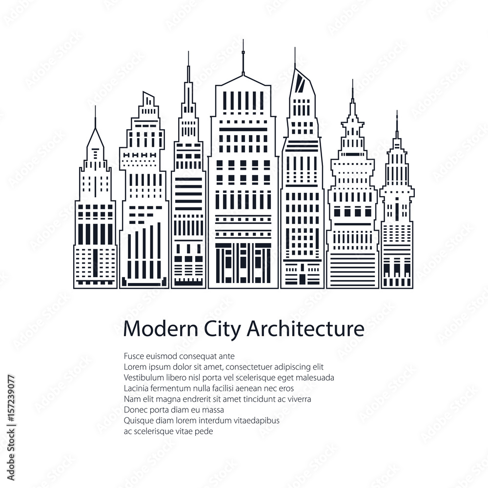 Flyer Modern Big City , Architecture Megapolis with Buildings and Skyscraper and Text, City Financial Center in Line Style , Poster Brochure Design, Black and White Vector Illustration