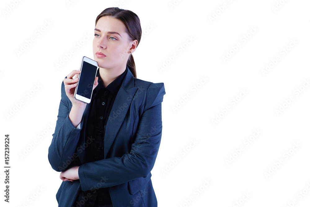Portrait of a serious business woman thinking holding smart phone. Isolated on white background. Portrait of a serious business woman thinking holding smart phone. Isolated on white background.