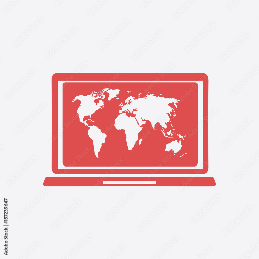 Laptop and world map illustration. World map geography symbol. Flat design style. Laptop and world map illustration. World map geography symbol. Flat design style.