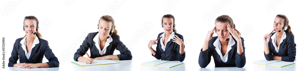 Call center assistant responding to calls Call center assistant responding to calls