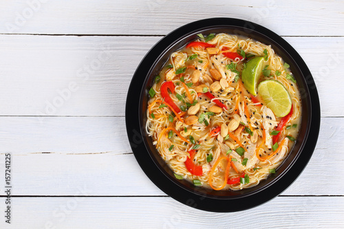 spicy Thai Chicken noodle soup, close-up