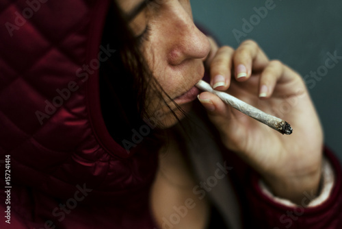 Homeless Adult Woman Smoking Cigarette Addiction