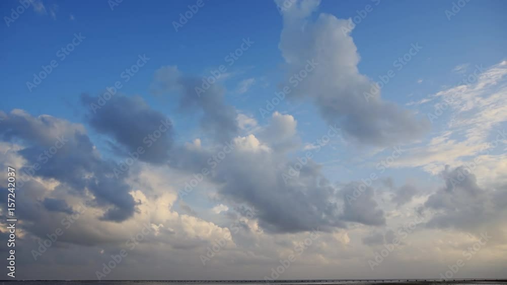 Soft, Fluffy Clouds Drift across Bright Blue Sky