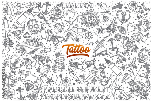 Hand drawn Tattoo doodle set background with orange lettering in vector