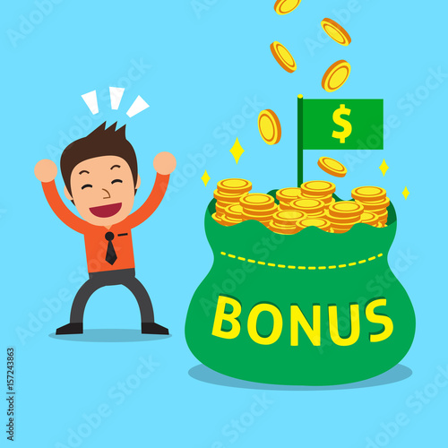 Cartoon businessman with big bonus money bag