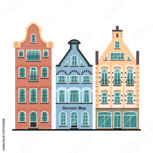 Set of 3 Amsterdam old houses cartoon facades. Traditional architecture of Netherlands. Colorful flat isolated illustrations in the Dutch style.