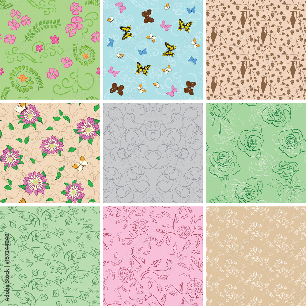 light seamless patterns with plants and butterflies - set of vector backgrounds