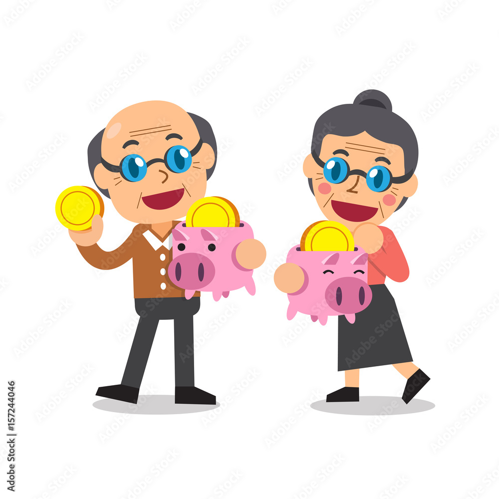 Cartoon senior people saving money in piggy bank Cartoon senior people saving money in piggy bank