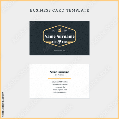 Double-sided vintage business card template with retro typographic logo and black textured background. Vector illustration. Stationery design © antartstock