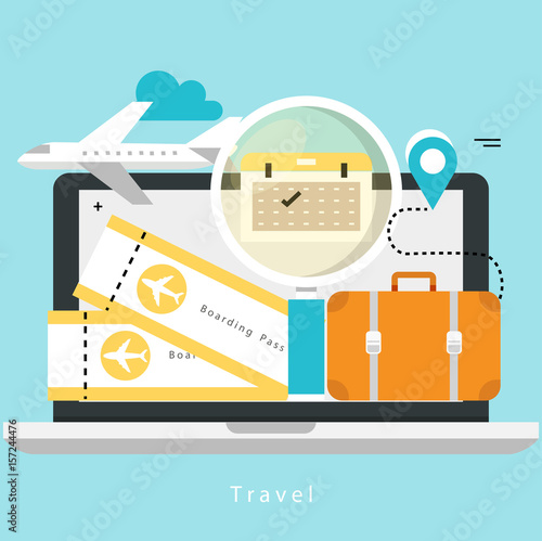 Travelling by plane, summer holiday, airplane trip, vacation flat vector illustration design. Travel, trip planning design for mobile and web graphics