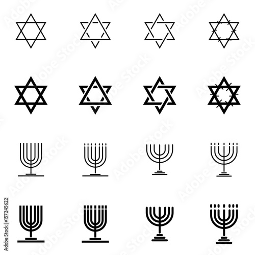 Set of various Star of David and menorah outline vector icons.