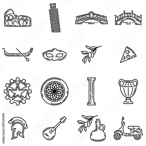 Set of various italian symbols. Flat outline vector icons.