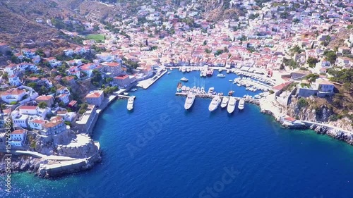 Aerial drone video of picturesque Hydra island, Saronic gulf, Greece photo