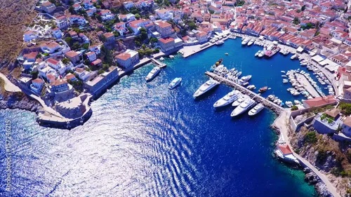 Aerial drone video of picturesque Hydra island, Saronic gulf, Greece photo