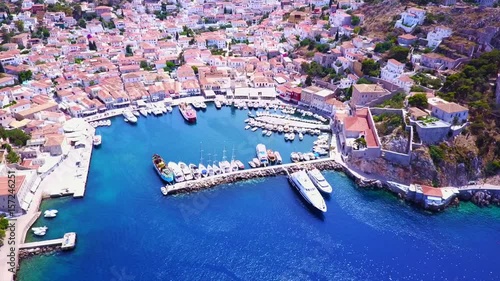 Aerial drone video of picturesque Hydra island, Saronic gulf, Greece photo