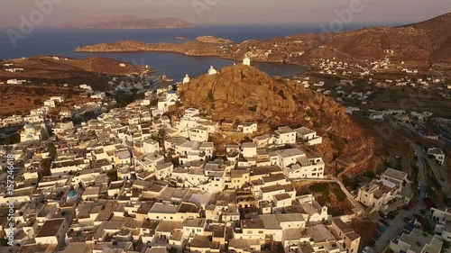 Aerial drone video of island of Ios, Cyclades, Greece photo