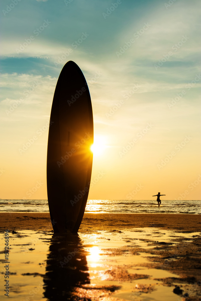 Photography Poster Silhouette of surf man surfing with a surfboard