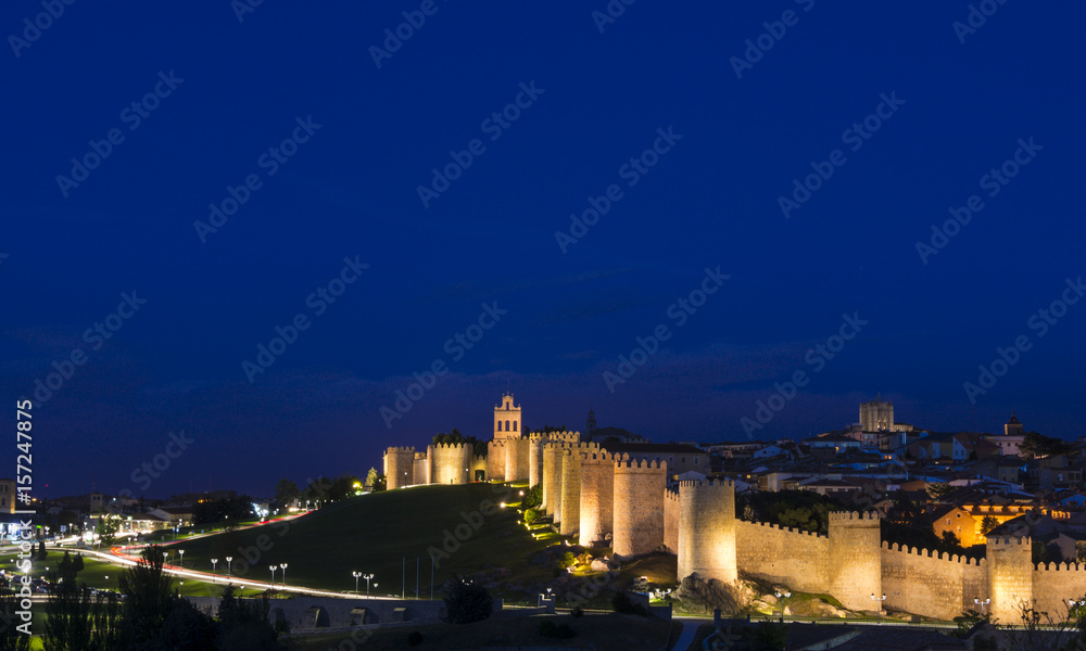 Panoramic view of the historic city of Avila at the blue hour, Castilla y Leon, Spain
