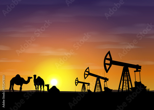 Petroleum rigs and camels at sunset. Vector oil drill background. United arab emirates illustration.