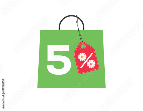Green shopping bag with 5% text and a daisy flower percent design red price tag label on it isolated on white background. For summer sale campaigns.