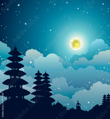 Night landscape, full moon and Bali temples.