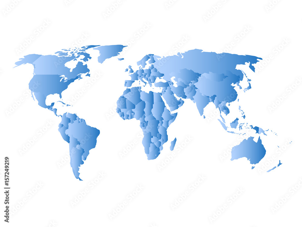 Blue political map of World. Each state with own horizontal gradient. Vector illustration. Blue political map of World. Each state with own horizontal gradient. Vector illustration.
