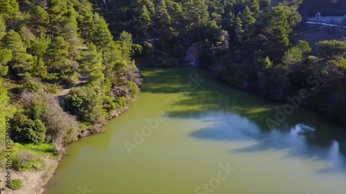 Aerial drone video of Lake Beletsi, Ipokrateios Politeia, Parnitha, Attica, Greece photo