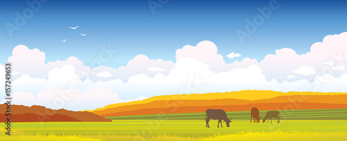 Vector autumn landscape - cow, forest, meadow.