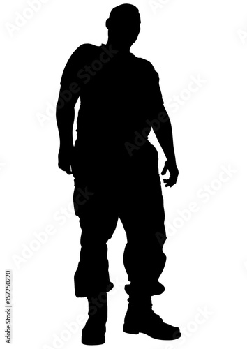 Soldier in uniform with weapon on white background