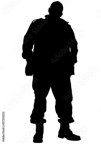 Soldier in uniform with weapon on white background