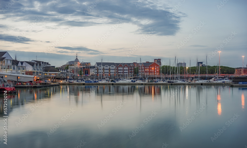 Southampton's Town Quay marina and ferry terminal at dusk