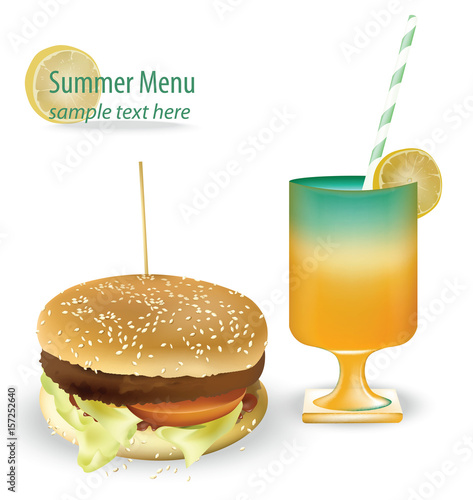 Tasty burger and fresh Summer cocktail. Tomato, lettuce and meat. Vector illu...