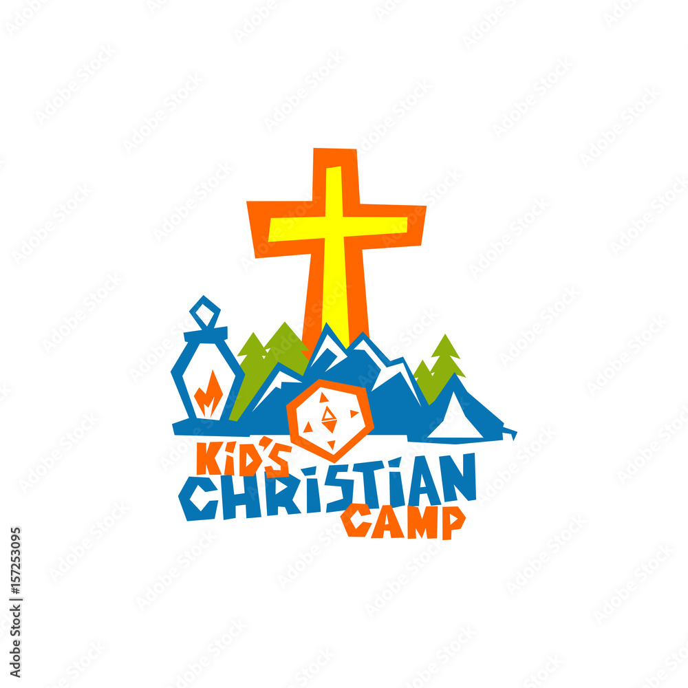 Obraz premium Logo of kid's Christian camp. Mountains, trees, a compass and a lamp, the cross of Jesus.