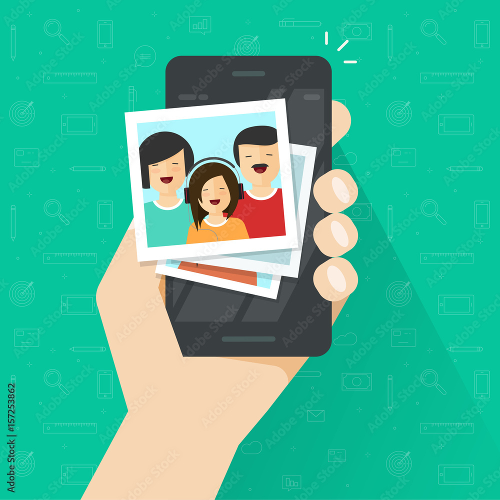 Photo gallery on mobile phone flat cartoon style, photo album on smartphone vector illustration, photography of family on cellphone - obrazy, fototapety, plakaty 