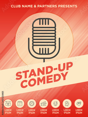 Stand up comedy show poster with thin line microphone icon. Vector illustration.
